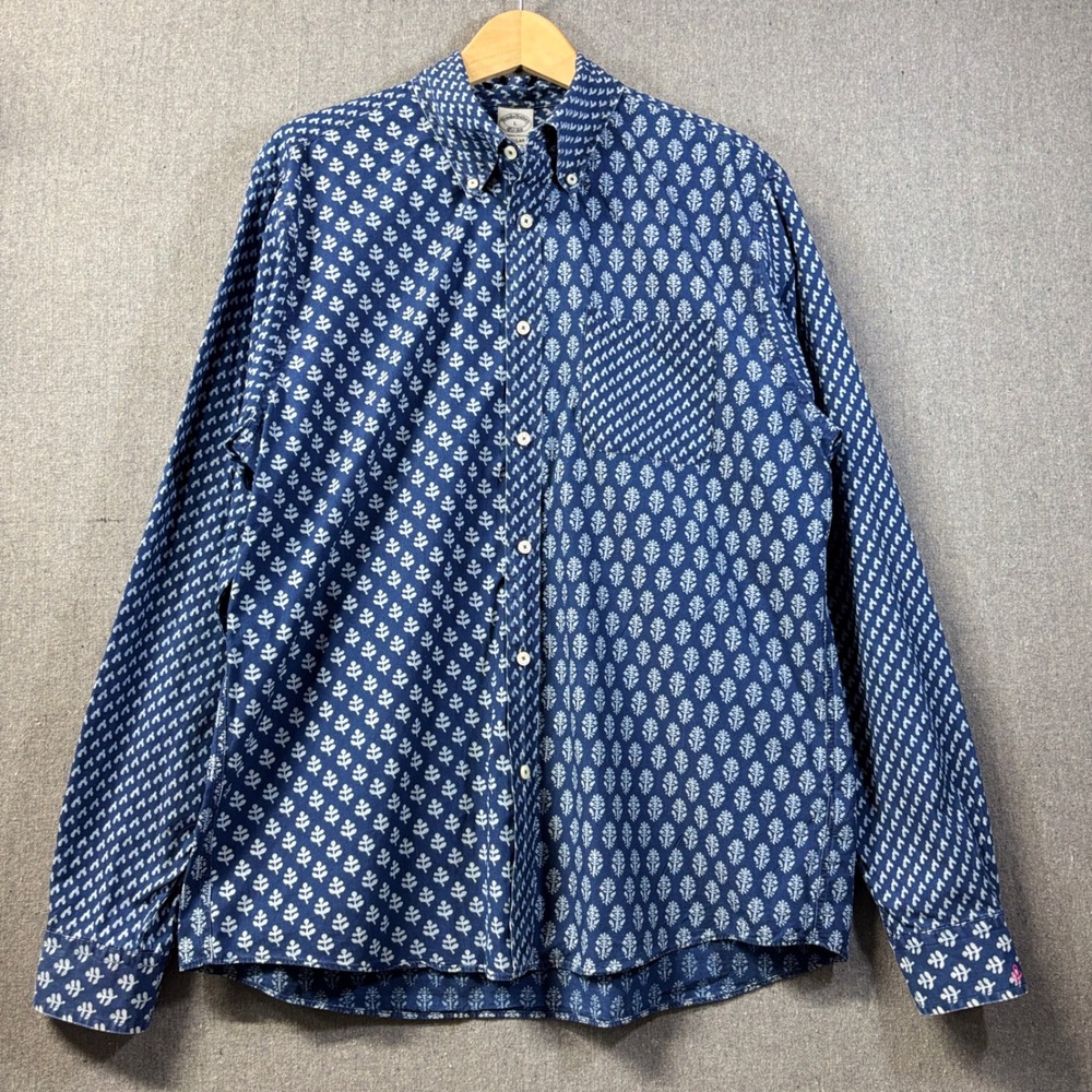 Brooks Brothers Men's Large Indigo Patchwork Block Print Fun Sport Shirt